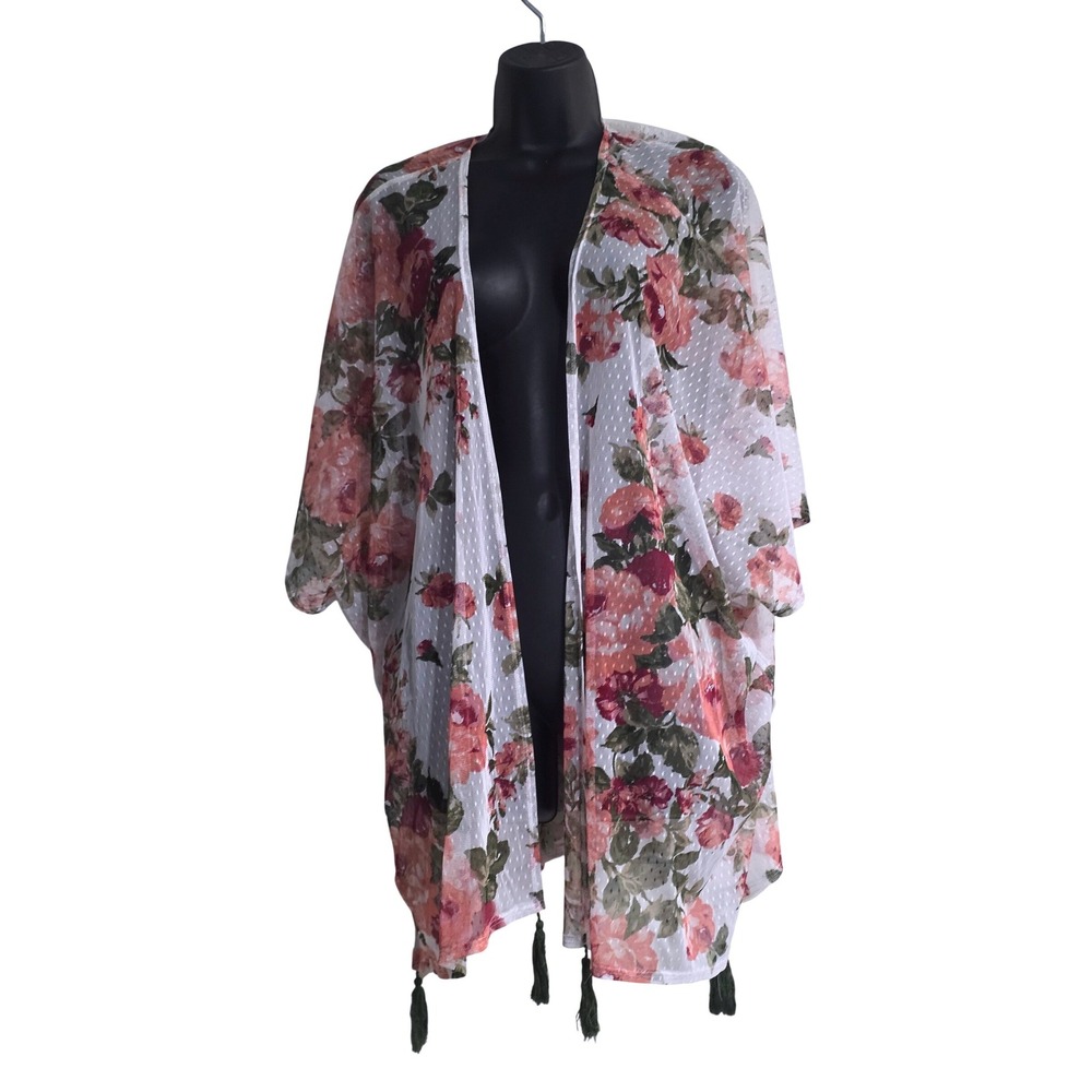 Glitzy Girlz Floral Mesh Kimono Wrap White Pink Rose Print Tassel Hem One Size